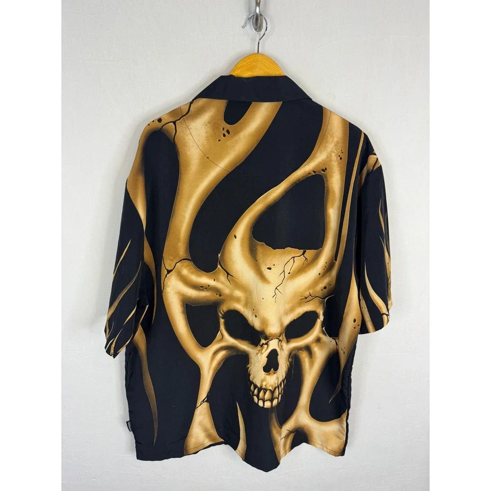 Rockhouse Roadhouse Mens XXL Skull Flame Graphic Button Down Shirt Black Gold